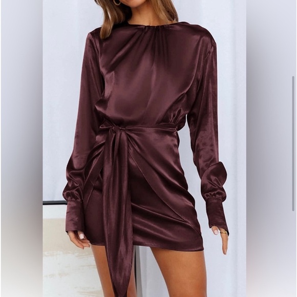Pretty Garden Size Large Satin Long Sleeved Mini Dress in Chocolate - Picture 4 of 7